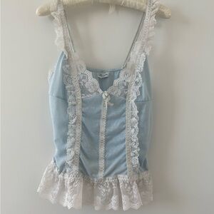 VINTAGE 1970s Bernette Baby Blue Lace Ruffle Babydoll Nightie Top